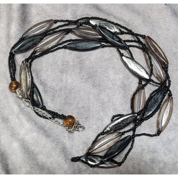 Modern Black Glass And Smoky Grey Beaded Layered Necklace - Picture 6 of 6